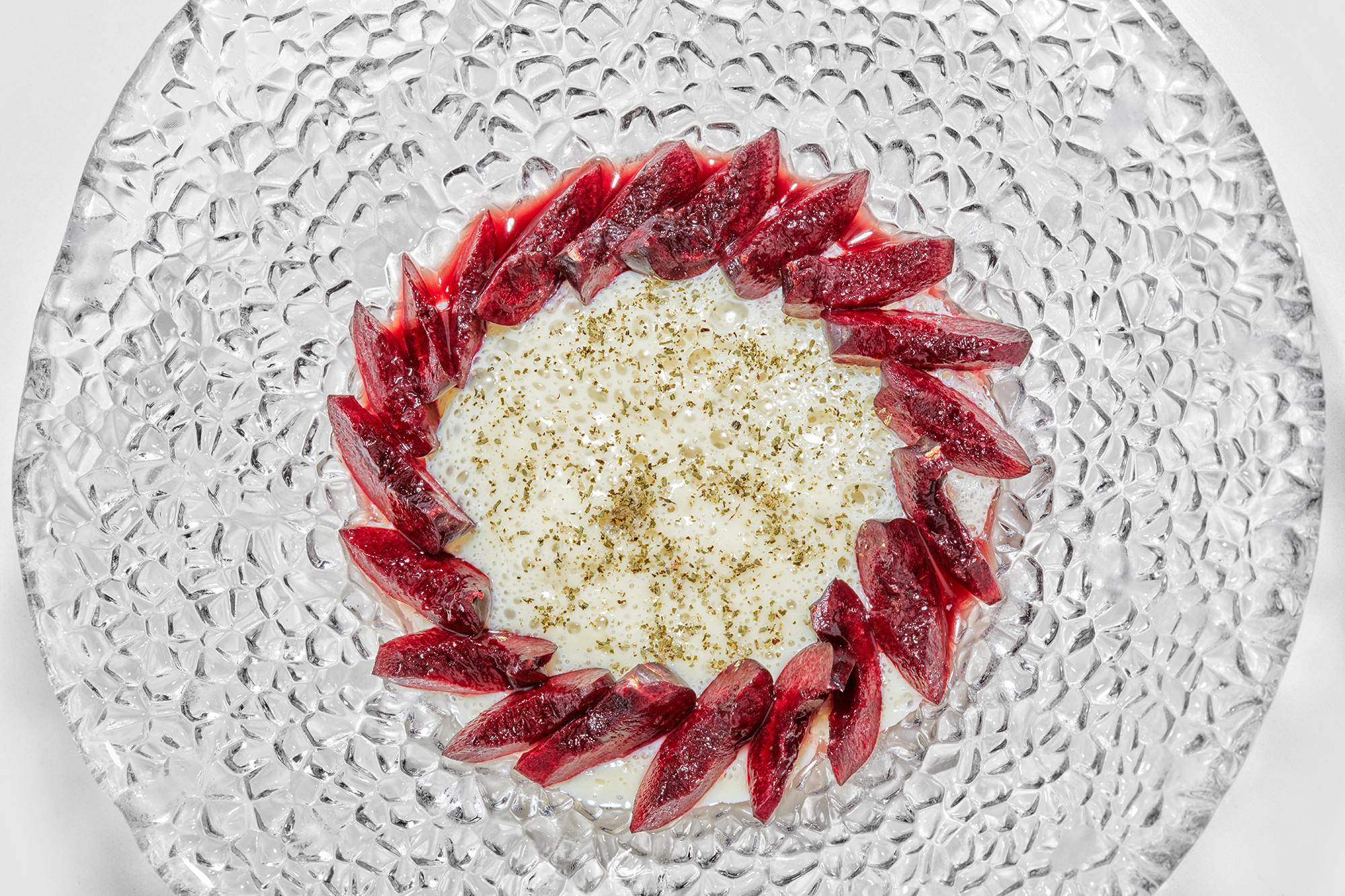 Cherry paste with braised cherry juice and aerated milk of rue and lemon thyme